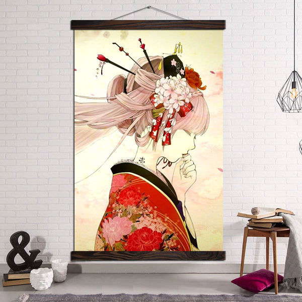 Jeune Fille aux Cheveux Roses et Kimono